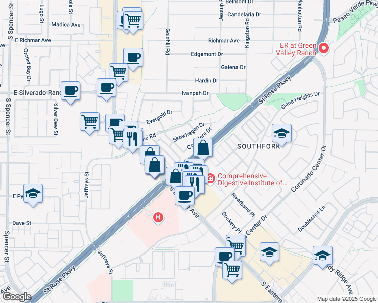map of restaurants, bars, coffee shops, grocery stores, and more near 2883 Cordillera Drive in Henderson