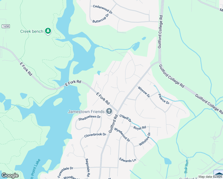 map of restaurants, bars, coffee shops, grocery stores, and more near 105 Brantmere Court in Jamestown