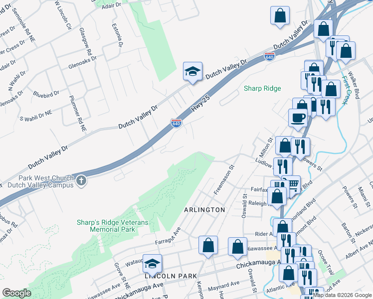 map of restaurants, bars, coffee shops, grocery stores, and more near 4016 Peaks Landing Way in Knoxville