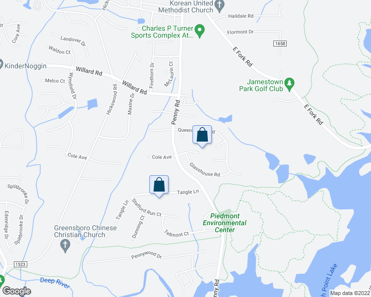 map of restaurants, bars, coffee shops, grocery stores, and more near 4009 Cole Avenue in Jamestown