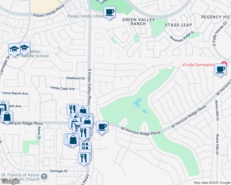 map of restaurants, bars, coffee shops, grocery stores, and more near 2157 High Mesa Drive in Henderson