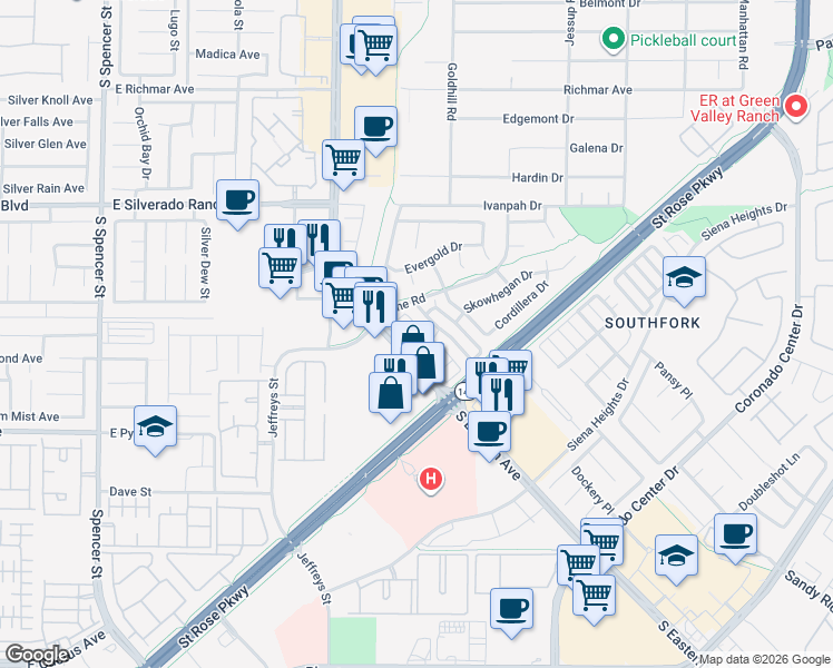 map of restaurants, bars, coffee shops, grocery stores, and more near 2906 Rivulet Lane in Henderson
