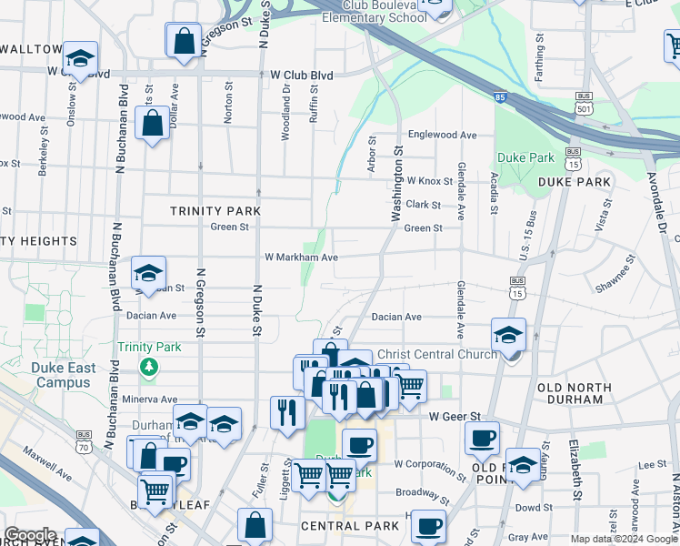 map of restaurants, bars, coffee shops, grocery stores, and more near 400 Macon Street in Durham