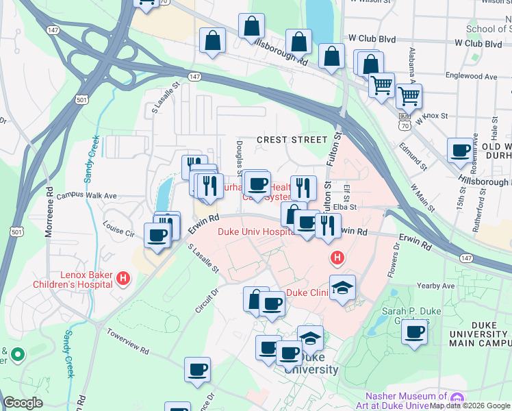 map of restaurants, bars, coffee shops, grocery stores, and more near in Durham