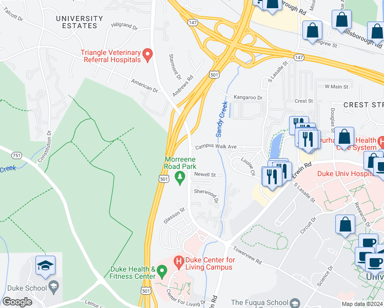 map of restaurants, bars, coffee shops, grocery stores, and more near 929 Morreene Road in Durham