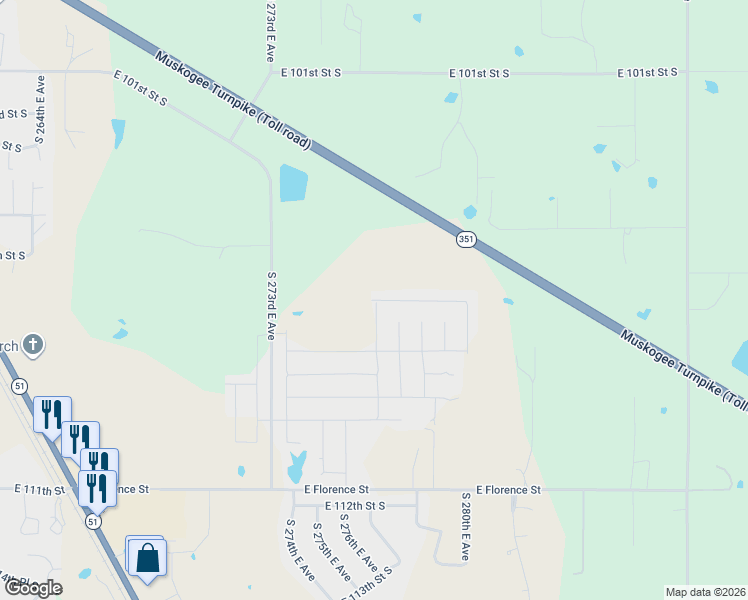 map of restaurants, bars, coffee shops, grocery stores, and more near 10531 South 273rd East Avenue in Coweta