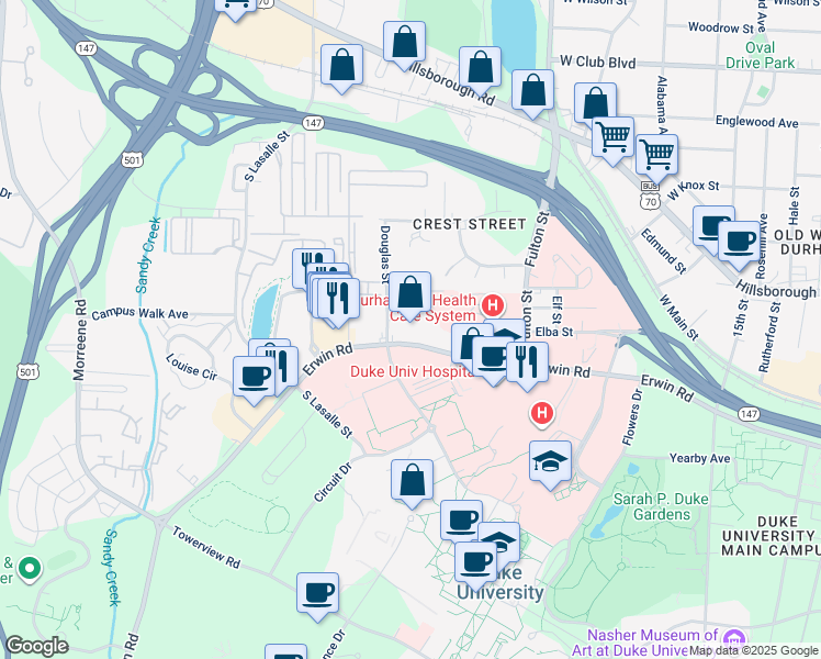 map of restaurants, bars, coffee shops, grocery stores, and more near in Durham