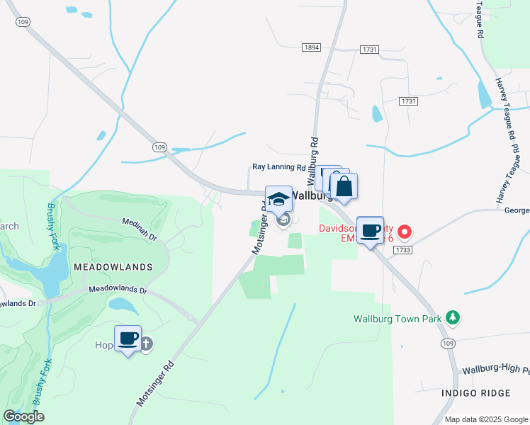map of restaurants, bars, coffee shops, grocery stores, and more near 8826 North Carolina 109 in Winston-Salem