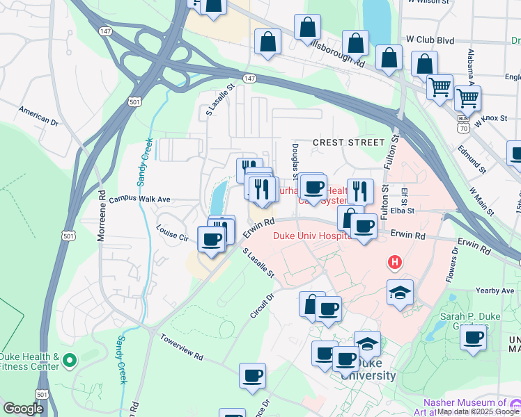 map of restaurants, bars, coffee shops, grocery stores, and more near 2616 Downing Street in Durham