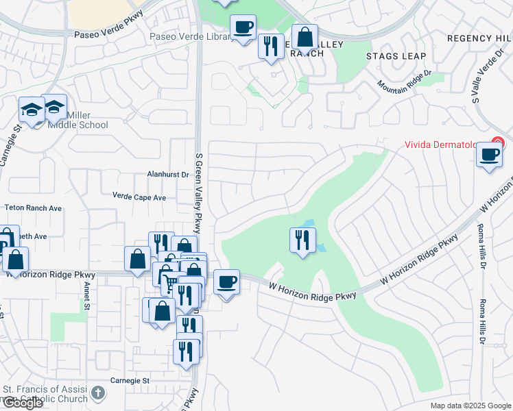 map of restaurants, bars, coffee shops, grocery stores, and more near 2157 High Mesa Drive in Henderson