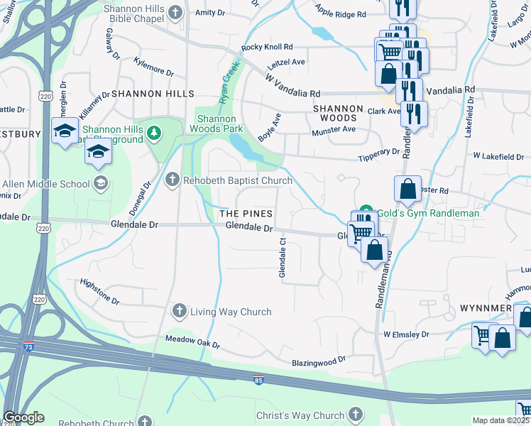 map of restaurants, bars, coffee shops, grocery stores, and more near 3 Pine Bark Court in Greensboro