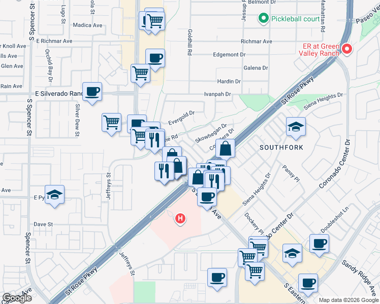 map of restaurants, bars, coffee shops, grocery stores, and more near 448 Temple Canyon Place in Henderson