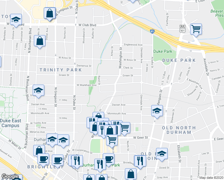 map of restaurants, bars, coffee shops, grocery stores, and more near 404 Macon Street in Durham