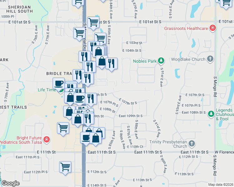 map of restaurants, bars, coffee shops, grocery stores, and more near 8506 East 106th Street in Tulsa