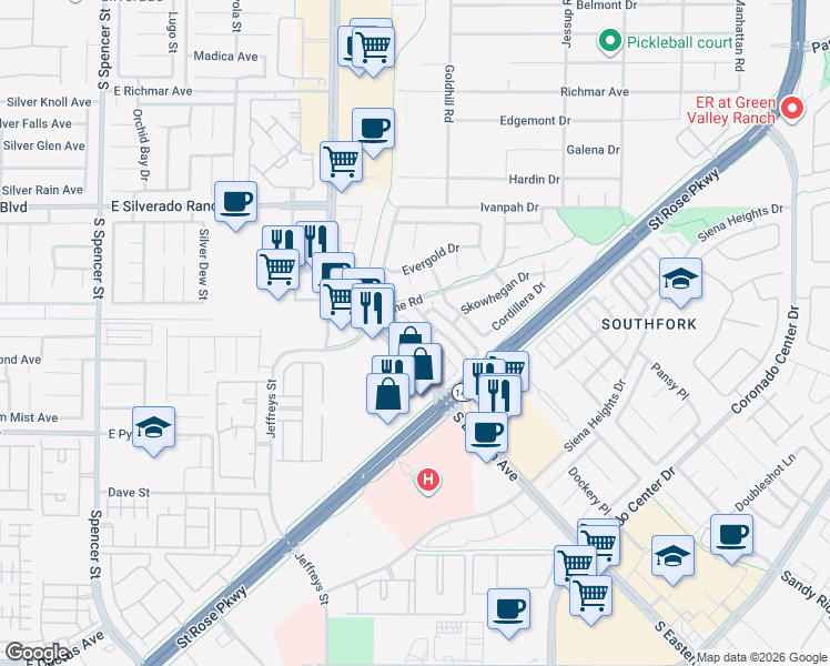 map of restaurants, bars, coffee shops, grocery stores, and more near 2906 Rivulet Lane in Henderson