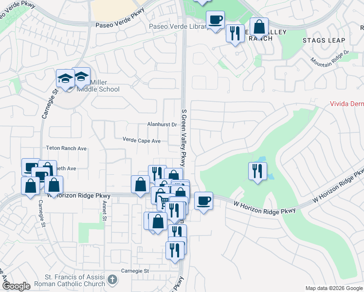 map of restaurants, bars, coffee shops, grocery stores, and more near South Green Valley Parkway in Henderson