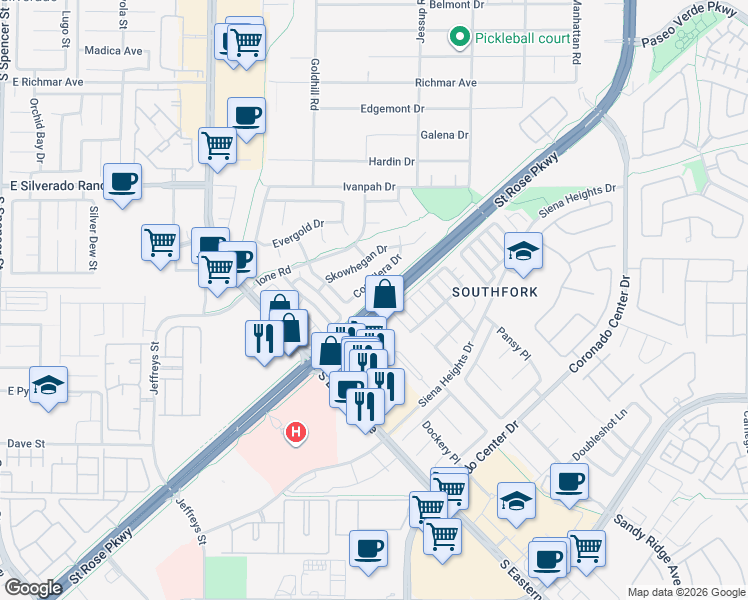 map of restaurants, bars, coffee shops, grocery stores, and more near 2850 Saint Rose Parkway in Henderson