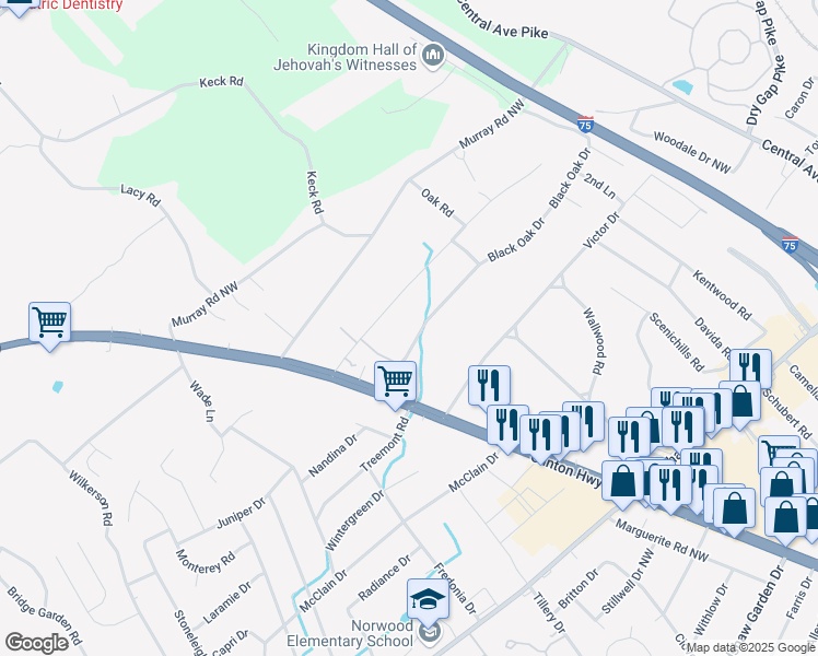 map of restaurants, bars, coffee shops, grocery stores, and more near 711 Black Oak Drive in Knoxville