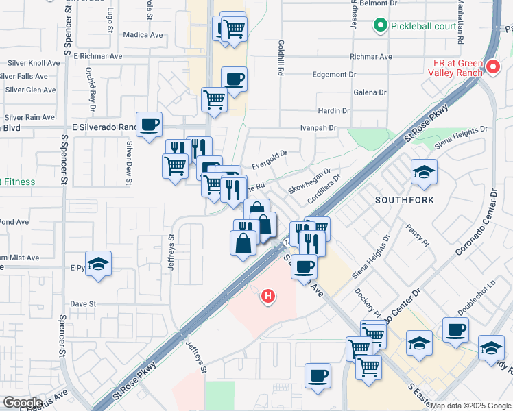 map of restaurants, bars, coffee shops, grocery stores, and more near 2903 Soda Creek Lane in Henderson