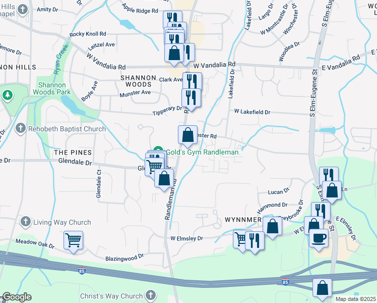 map of restaurants, bars, coffee shops, grocery stores, and more near 3113 Randleman Road in Greensboro