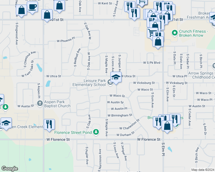 map of restaurants, bars, coffee shops, grocery stores, and more near 4300 South Juniper Place in Broken Arrow