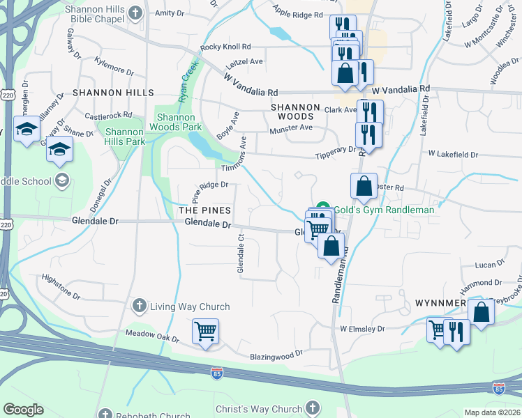 map of restaurants, bars, coffee shops, grocery stores, and more near 704 Glendale Drive in Greensboro