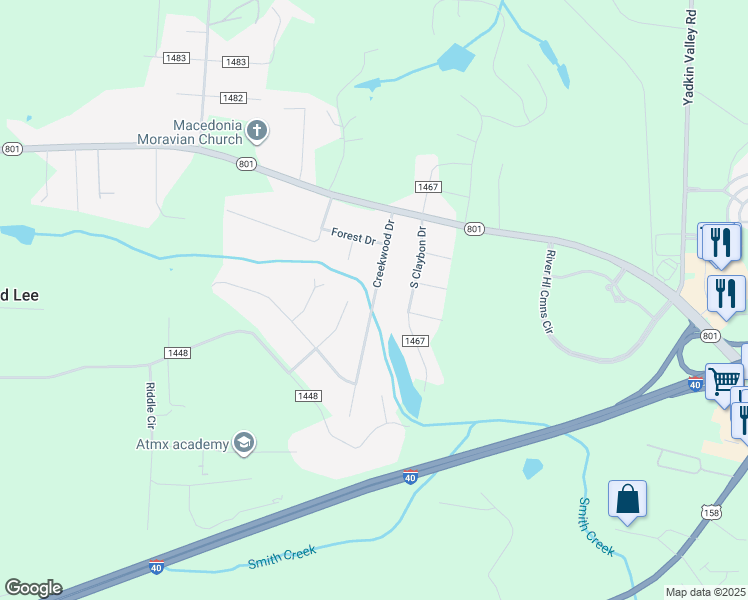 map of restaurants, bars, coffee shops, grocery stores, and more near 191 Creekwood Drive in Advance