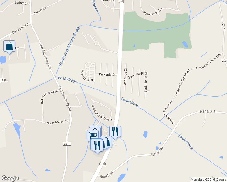 map of restaurants, bars, coffee shops, grocery stores, and more near 4077 Westside Court in Winston-Salem