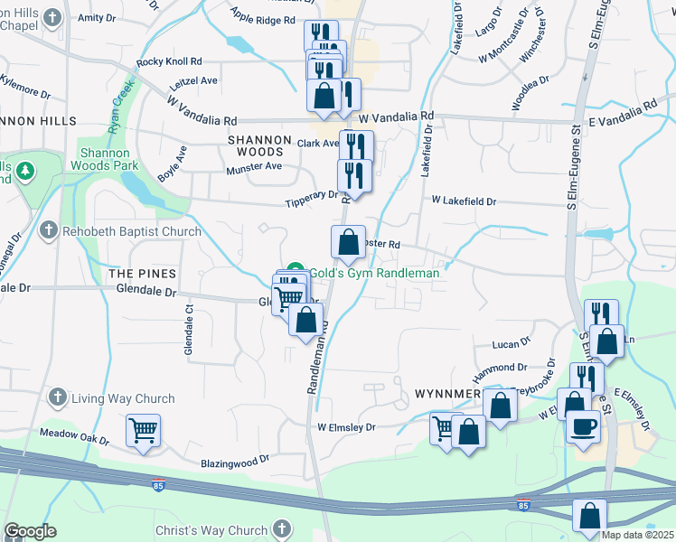 map of restaurants, bars, coffee shops, grocery stores, and more near 3113 Randleman Road in Greensboro