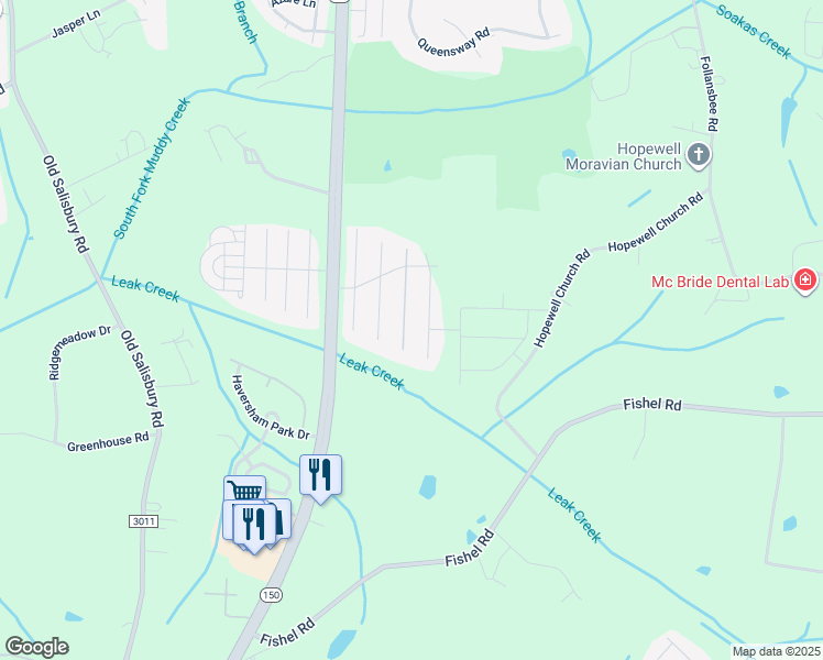 map of restaurants, bars, coffee shops, grocery stores, and more near 4063 Leak Creek Court in Winston-Salem