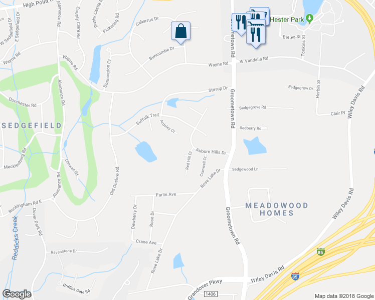 map of restaurants, bars, coffee shops, grocery stores, and more near 3802 Red Hill Court in Greensboro