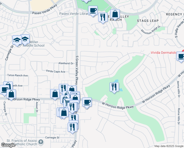 map of restaurants, bars, coffee shops, grocery stores, and more near 2165 High Mesa Drive in Henderson