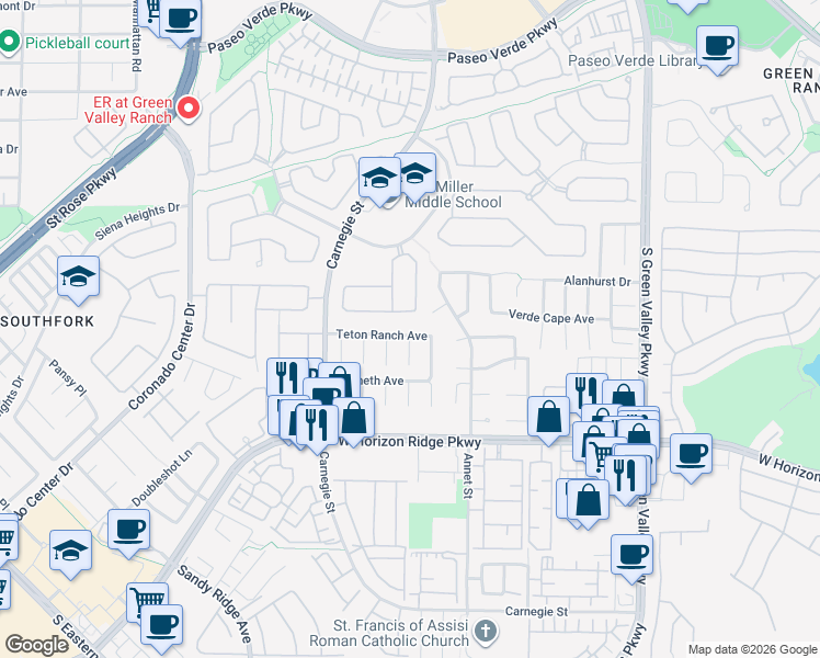 map of restaurants, bars, coffee shops, grocery stores, and more near 500 Short Crest Court in Henderson