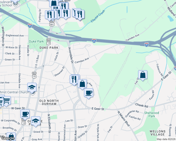 map of restaurants, bars, coffee shops, grocery stores, and more near 709 East Markham Avenue in Durham
