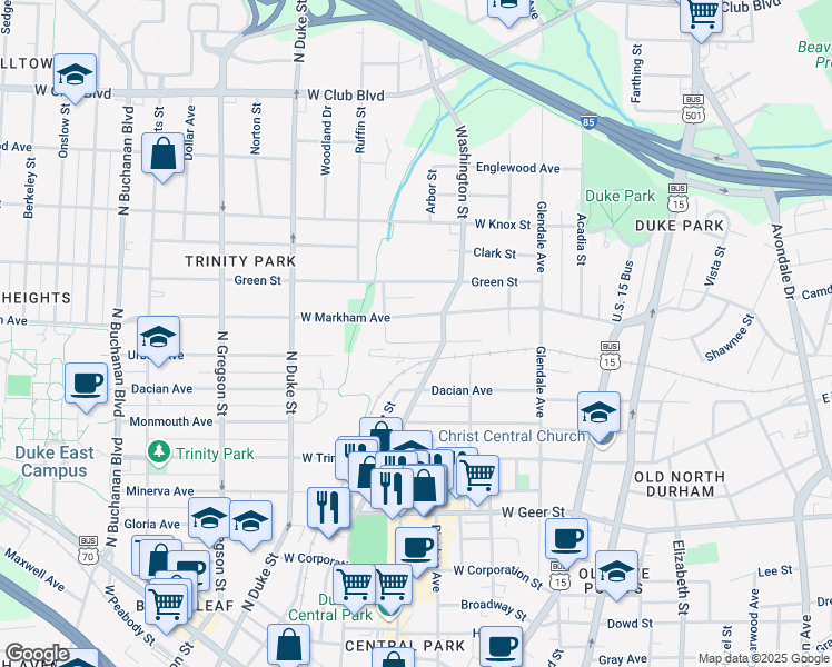 map of restaurants, bars, coffee shops, grocery stores, and more near 400 Macon Street in Durham