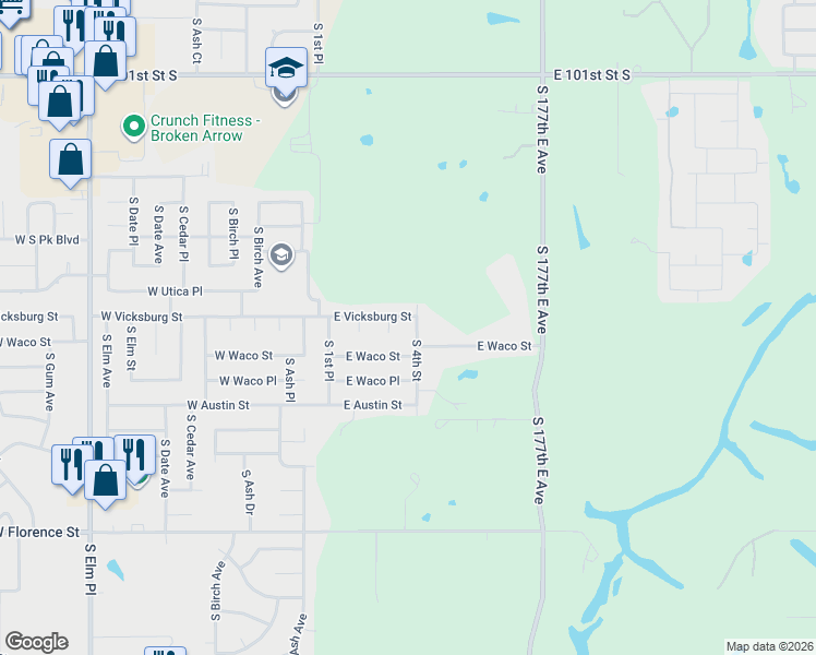 map of restaurants, bars, coffee shops, grocery stores, and more near 4309 South 3rd Street in Broken Arrow
