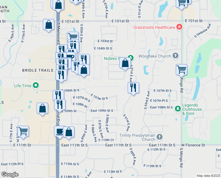 map of restaurants, bars, coffee shops, grocery stores, and more near 8809 East 107th Street South in Tulsa