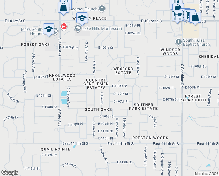 map of restaurants, bars, coffee shops, grocery stores, and more near 5505 East 107th Street in Tulsa