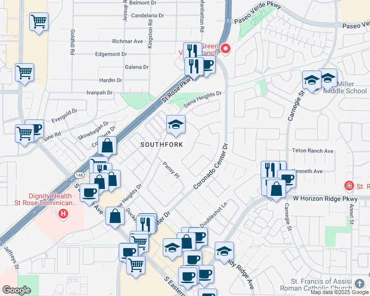map of restaurants, bars, coffee shops, grocery stores, and more near 2655 Siena Heights Drive in Henderson