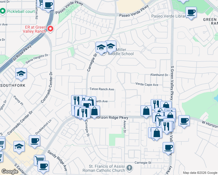 map of restaurants, bars, coffee shops, grocery stores, and more near 500 Short Crest Court in Henderson