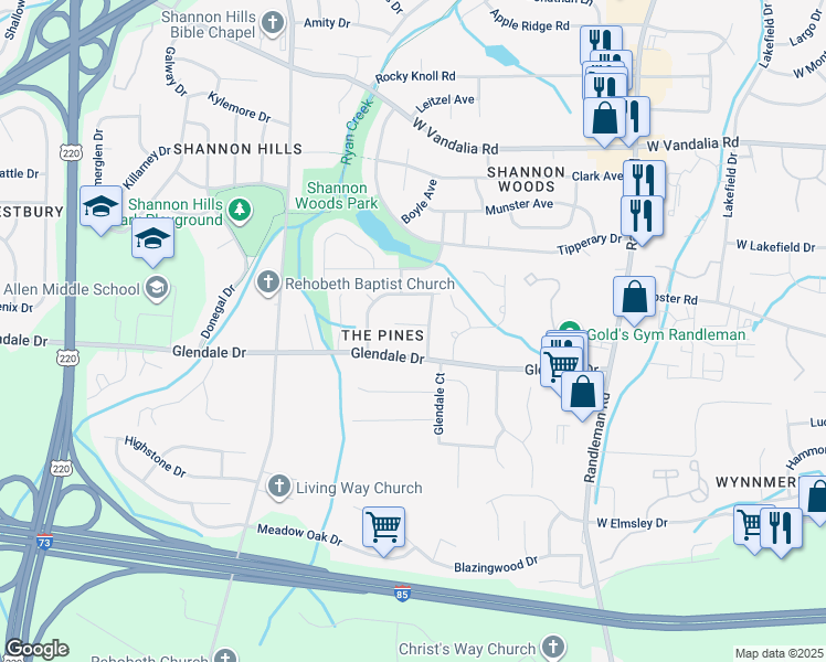 map of restaurants, bars, coffee shops, grocery stores, and more near 3 Pine Bark Court in Greensboro
