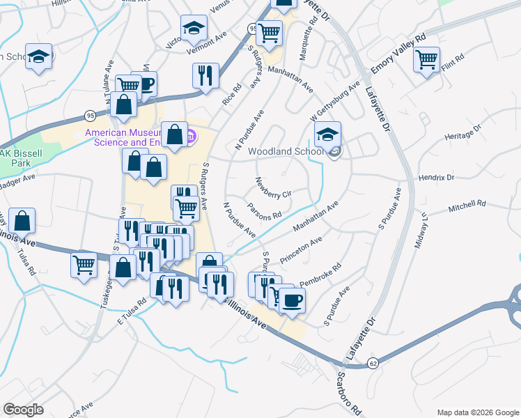 map of restaurants, bars, coffee shops, grocery stores, and more near 114 Parsons Road in Oak Ridge