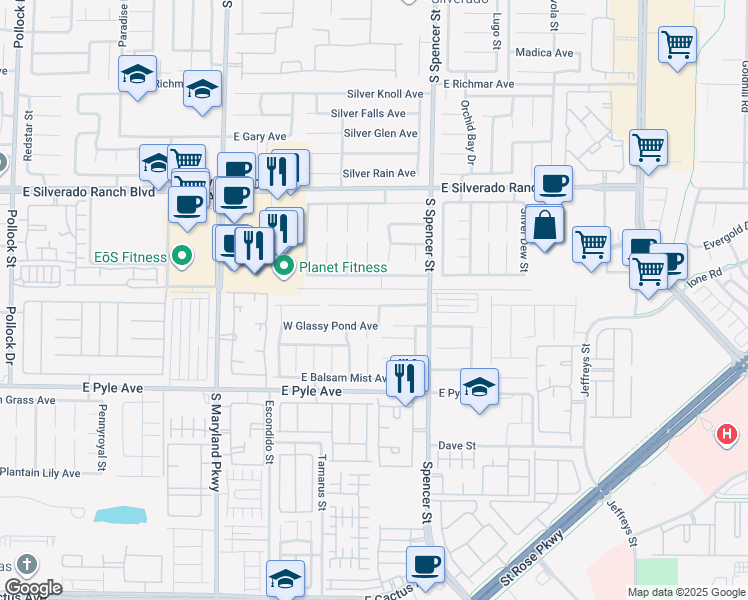 map of restaurants, bars, coffee shops, grocery stores, and more near 1598 East Juniper Twig Avenue in Las Vegas
