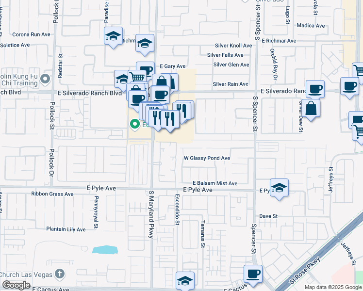 map of restaurants, bars, coffee shops, grocery stores, and more near 1366 Falling Snow Avenue in Las Vegas