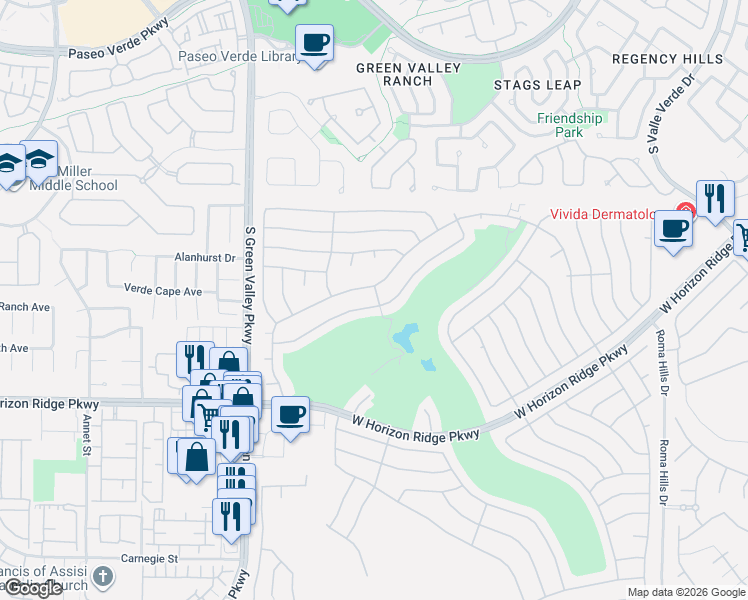 map of restaurants, bars, coffee shops, grocery stores, and more near 2138 Eagle Watch Drive in Henderson