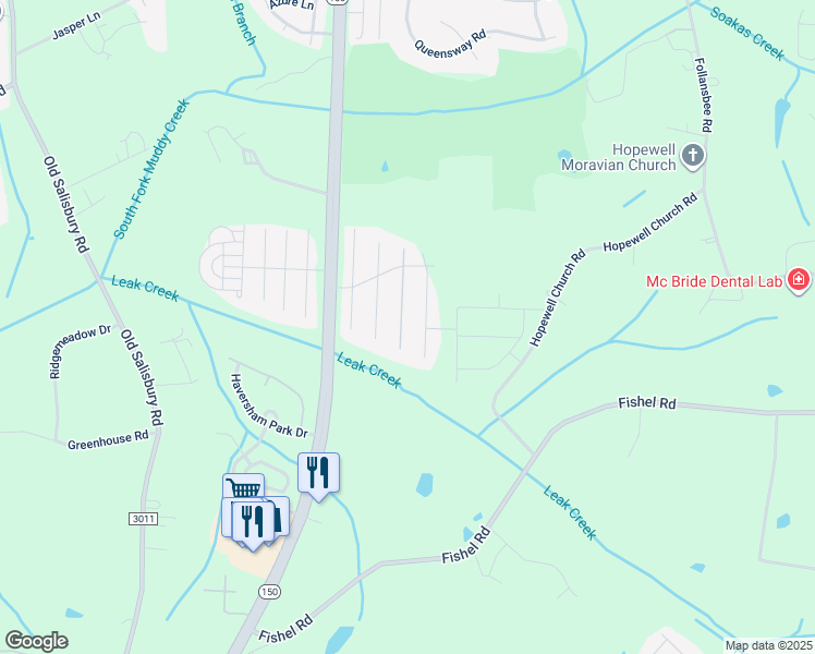 map of restaurants, bars, coffee shops, grocery stores, and more near 4063 Leak Creek Court in Winston-Salem