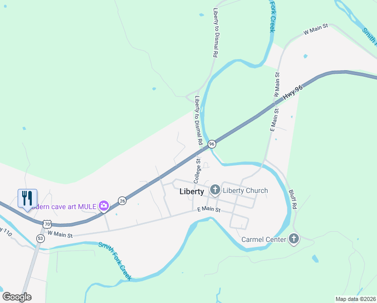 map of restaurants, bars, coffee shops, grocery stores, and more near 10043 Nashville Highway in Liberty