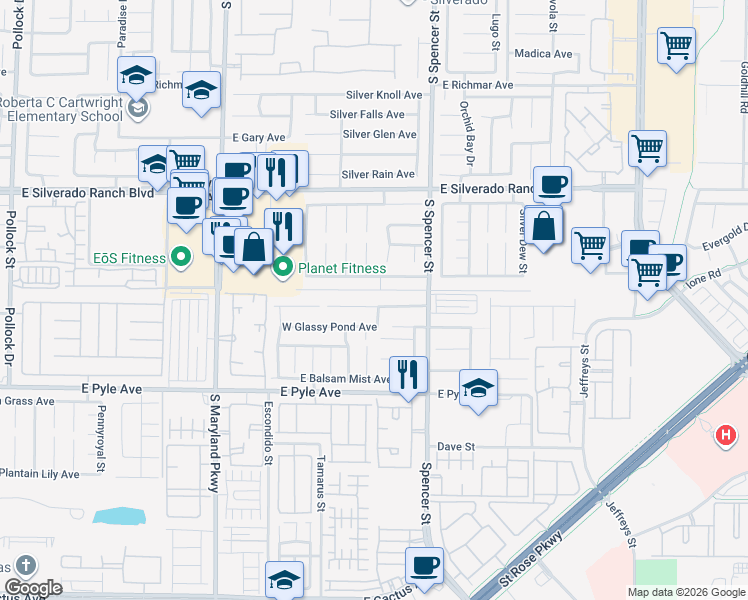 map of restaurants, bars, coffee shops, grocery stores, and more near 1598 East Juniper Twig Avenue in Las Vegas