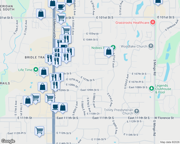 map of restaurants, bars, coffee shops, grocery stores, and more near 8610 East 106th Street South in Tulsa