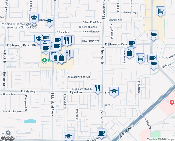 map of restaurants, bars, coffee shops, grocery stores, and more near 1582 East Juniper Twig Avenue in Las Vegas